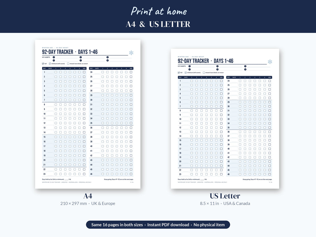 Winter Arc 92-Day Habit Tracker Printable: Undated Tracker, Late-Start Countdown & New Year 90-Day Reset, A4 & US Letter