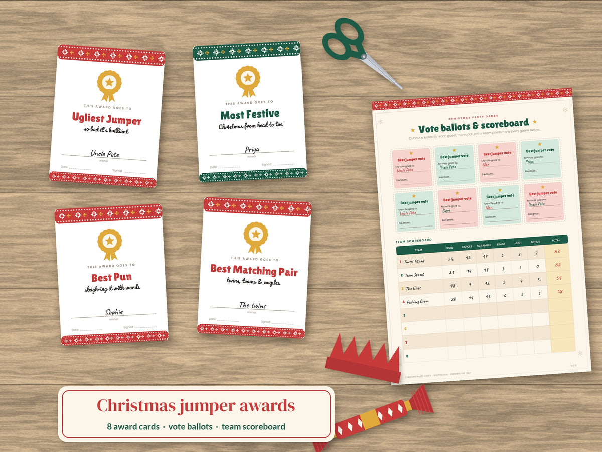 Christmas jumper awards, vote ballots and scoreboard