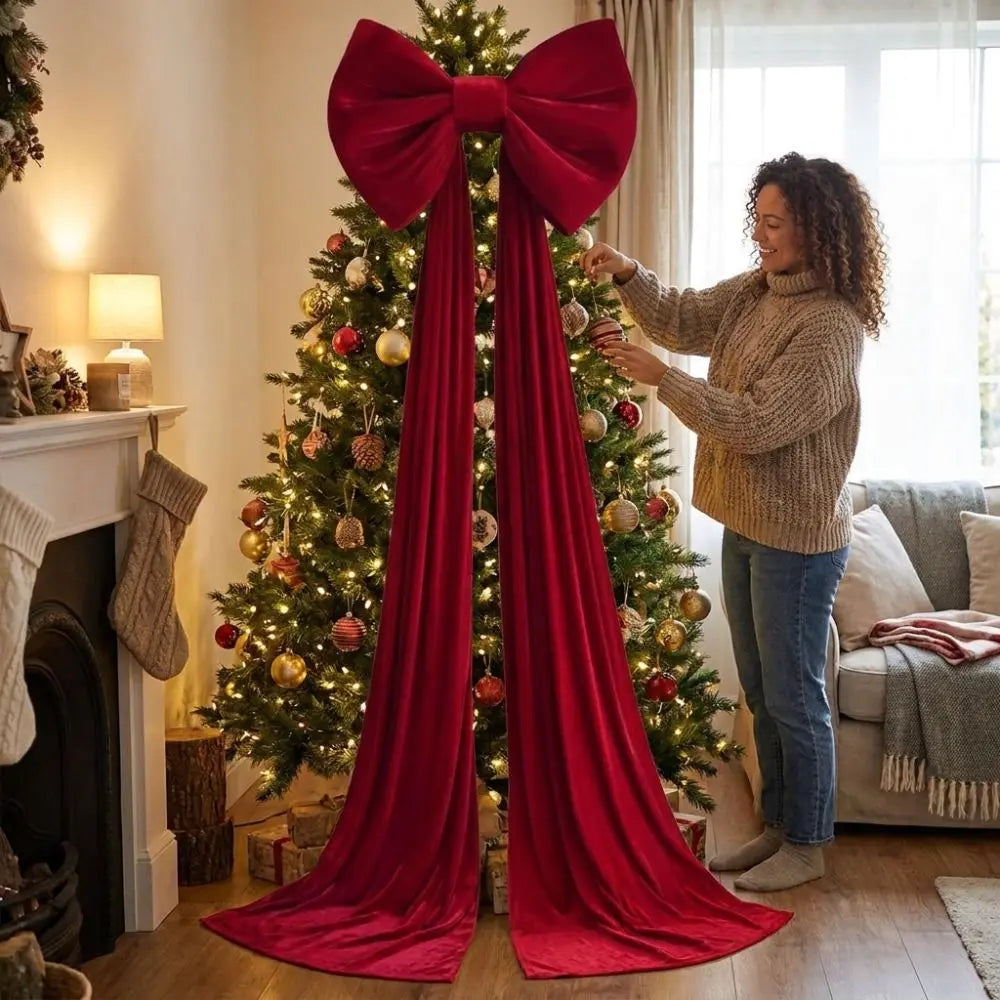 Giant red velvet Christmas bow used as a tree topper with long streamers