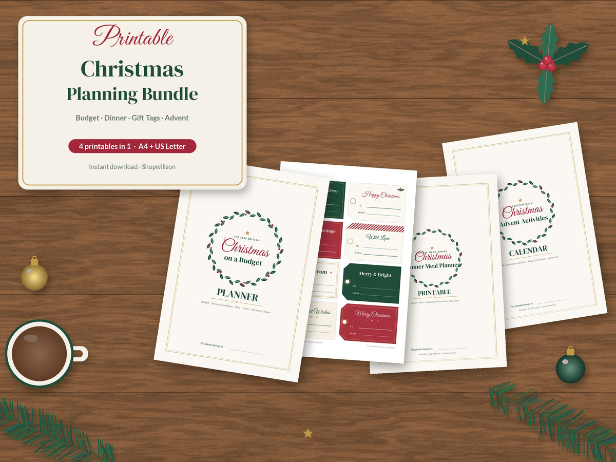 Printable Christmas Planning Bundle - Budget Planner, Gift Tags, Meal Planner & Advent Activities (37 Pages)