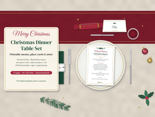 Christmas Table Set Printable: Menus, Place Cards, Table Numbers, Food Labels & Napkin Bands, A4 & US Letter