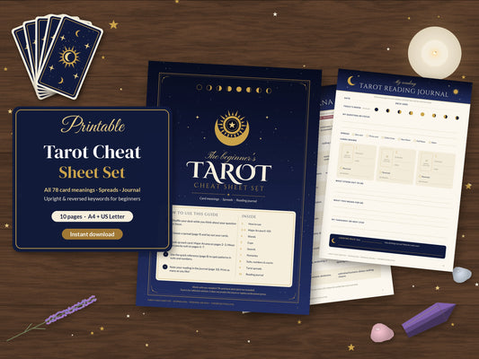 Printable Tarot Cheat Sheet Set – 78 Card Meanings, 4 Spreads & Journal Page