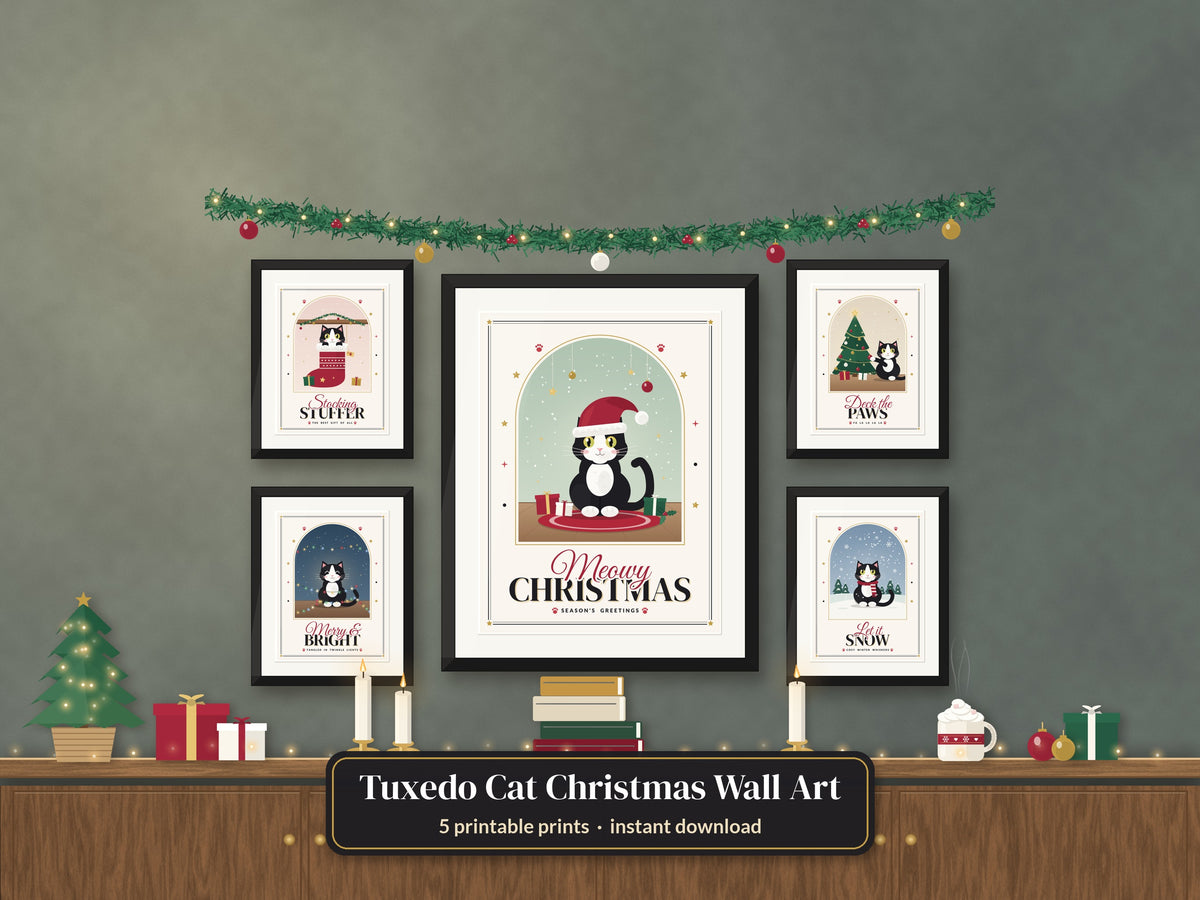 Tuxedo Cat Christmas Wall Art Set of 5: Meowy Christmas Printable Cat Prints, Black and White Cat Decor, Digital Download