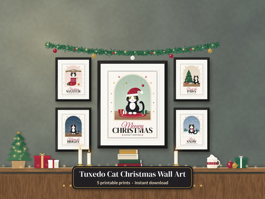 Tuxedo Cat Christmas Wall Art Set of 5: Meowy Christmas Printable Cat Prints, Black and White Cat Decor, Digital Download