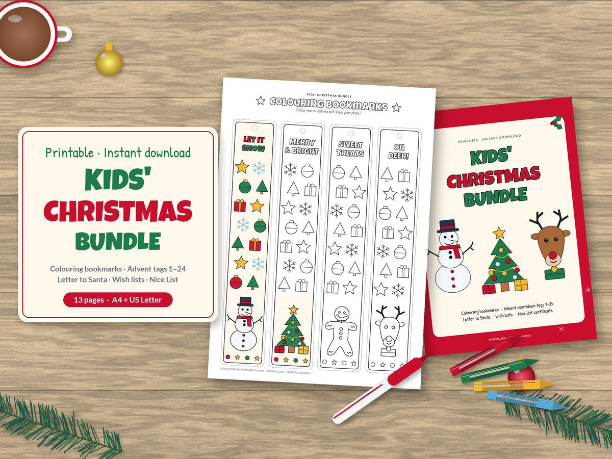 Kids Christmas Printable Bundle: Colouring Bookmarks, Advent Countdown Tags 1–24, Letter to Santa, Wish Lists & Nice List, A4 & US Letter