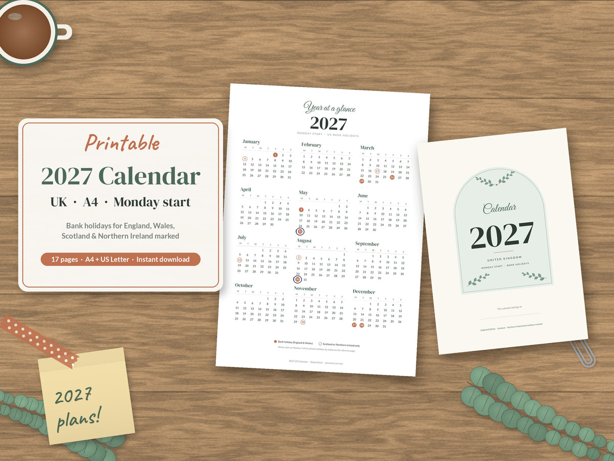 Printable 2027 Calendar UK - A4, Monday Start, UK Bank Holidays (17 Pages)
