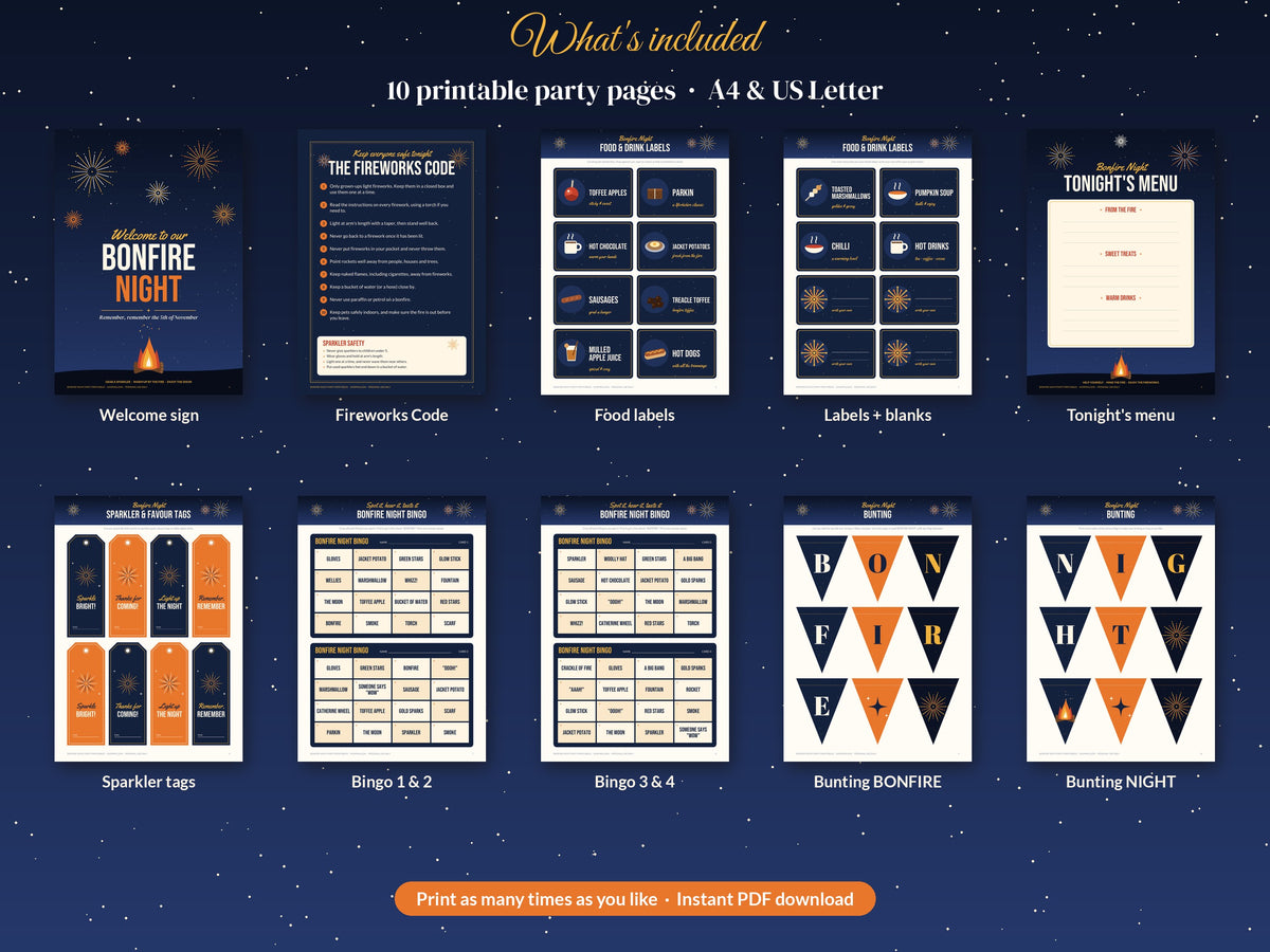 Bonfire Night party printable bundle - what's included