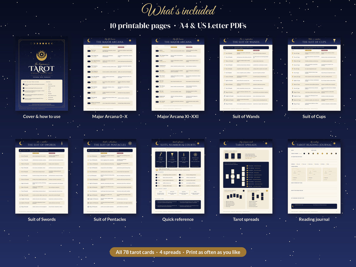 Printable Tarot Cheat Sheet Set – 78 Card Meanings, 4 Spreads & Journal Page