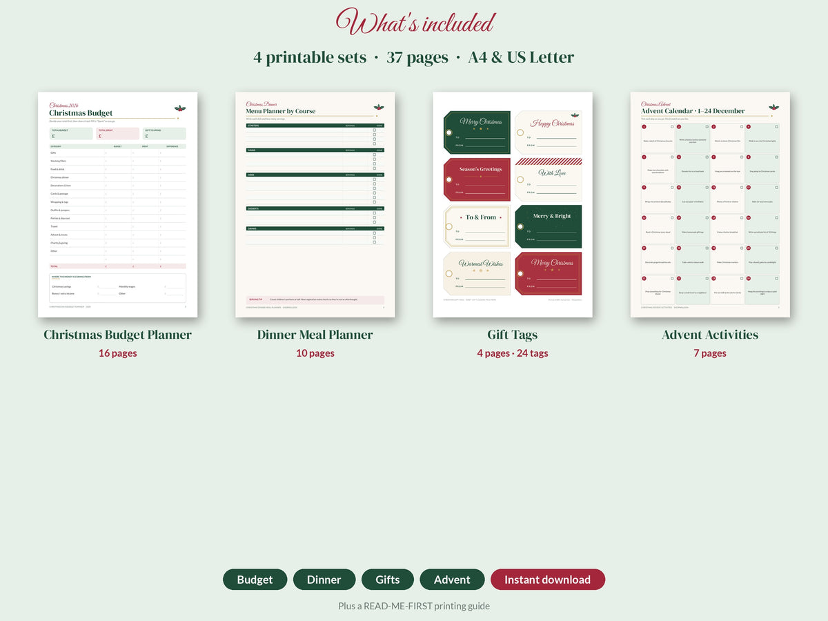 Printable Christmas Planning Bundle - Budget Planner, Gift Tags, Meal Planner & Advent Activities (37 Pages)