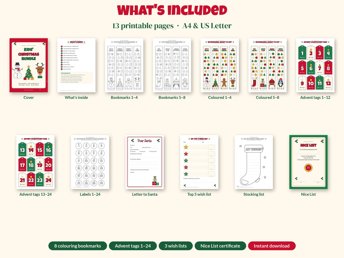 Kids Christmas Printable Bundle: Colouring Bookmarks, Advent Countdown Tags 1–24, Letter to Santa, Wish Lists & Nice List, A4 & US Letter