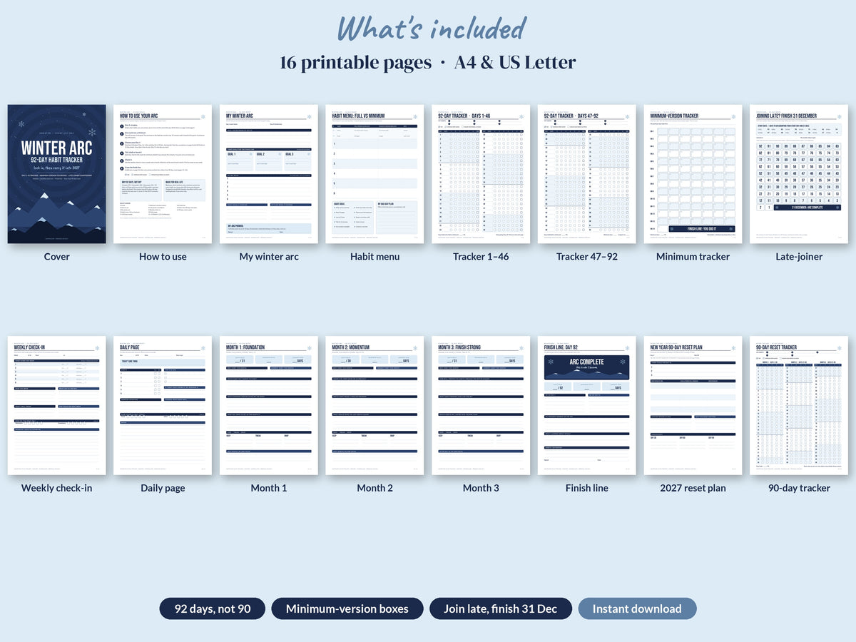 Winter Arc 92-Day Habit Tracker Printable: Undated Tracker, Late-Start Countdown & New Year 90-Day Reset, A4 & US Letter