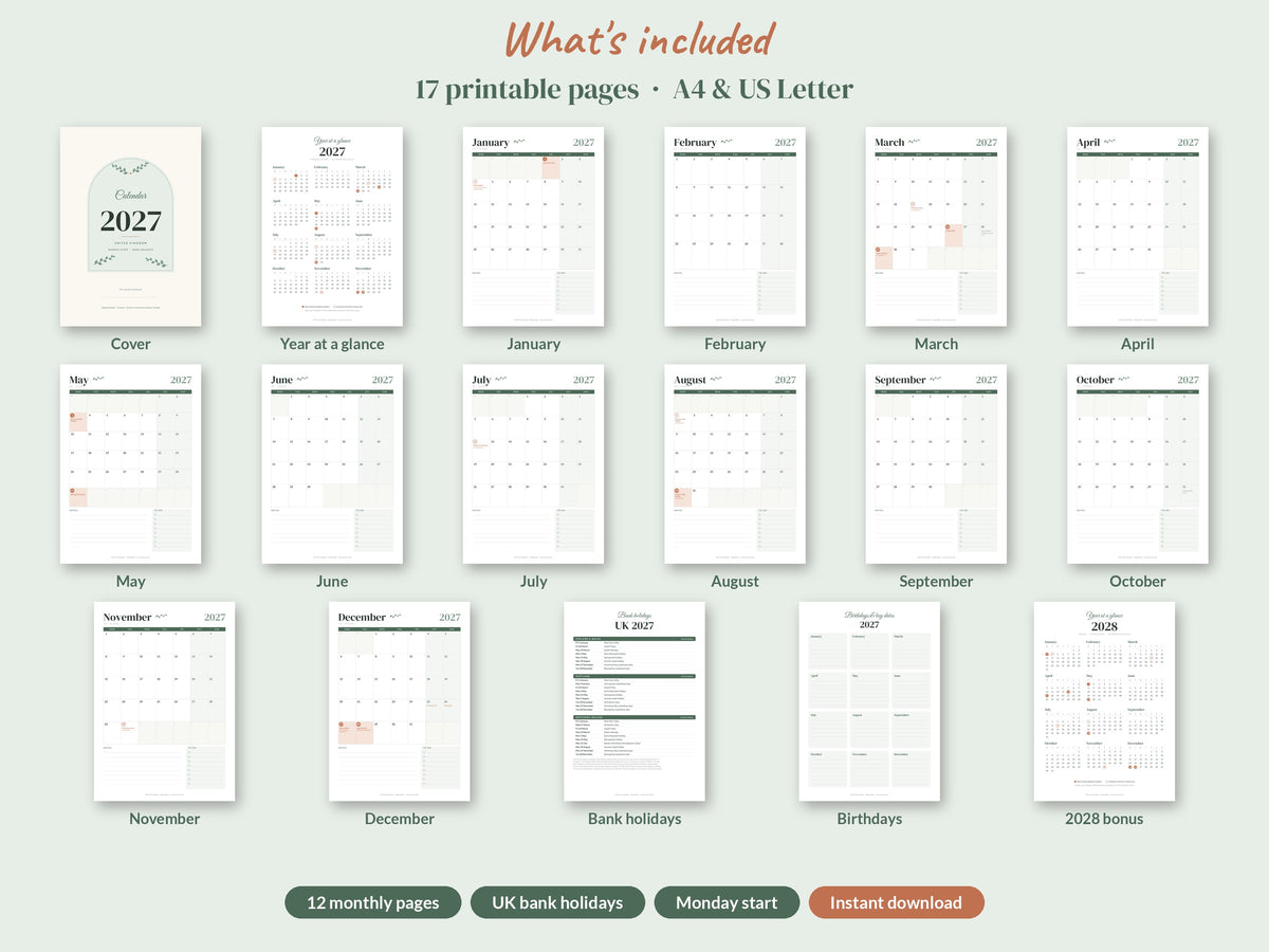 Printable 2027 Calendar UK - A4, Monday Start, UK Bank Holidays (17 Pages)