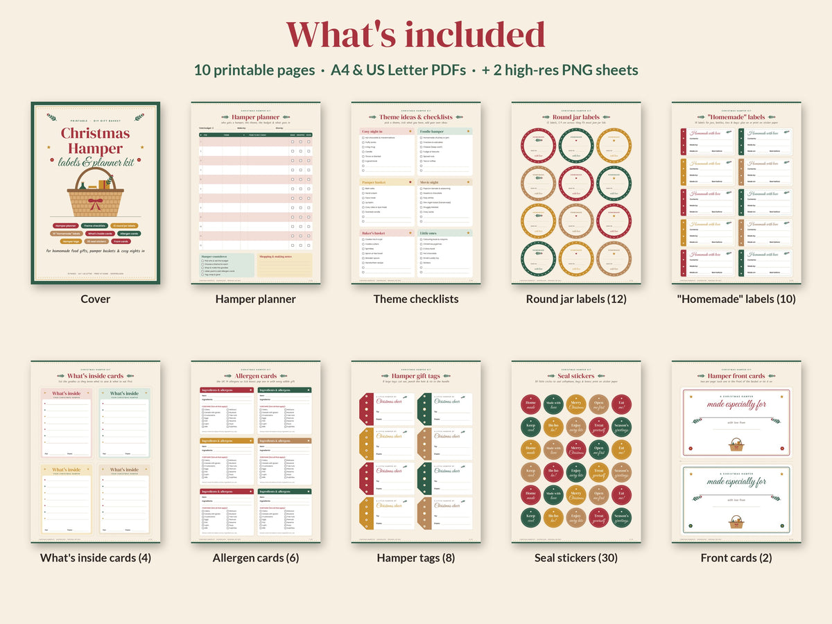 What's included in the Christmas hamper labels kit
