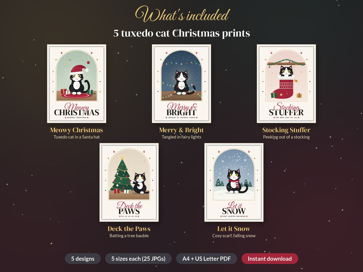Tuxedo Cat Christmas Wall Art Set of 5: Meowy Christmas Printable Cat Prints, Black and White Cat Decor, Digital Download