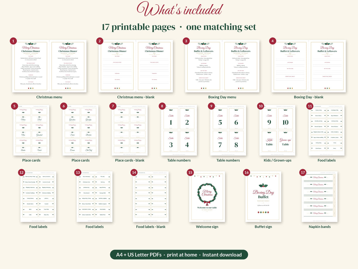 Christmas Table Set Printable: Menus, Place Cards, Table Numbers, Food Labels & Napkin Bands, A4 & US Letter
