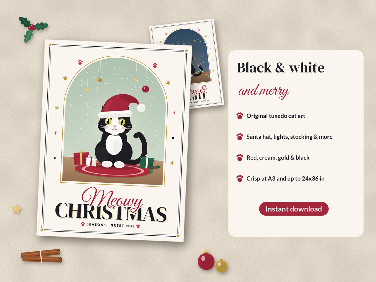 Tuxedo Cat Christmas Wall Art Set of 5: Meowy Christmas Printable Cat Prints, Black and White Cat Decor, Digital Download