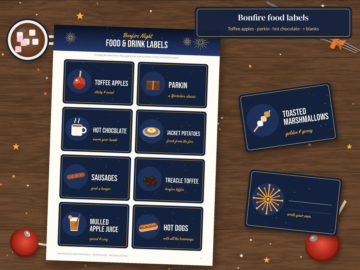 Bonfire Night party printable bundle - close-up
