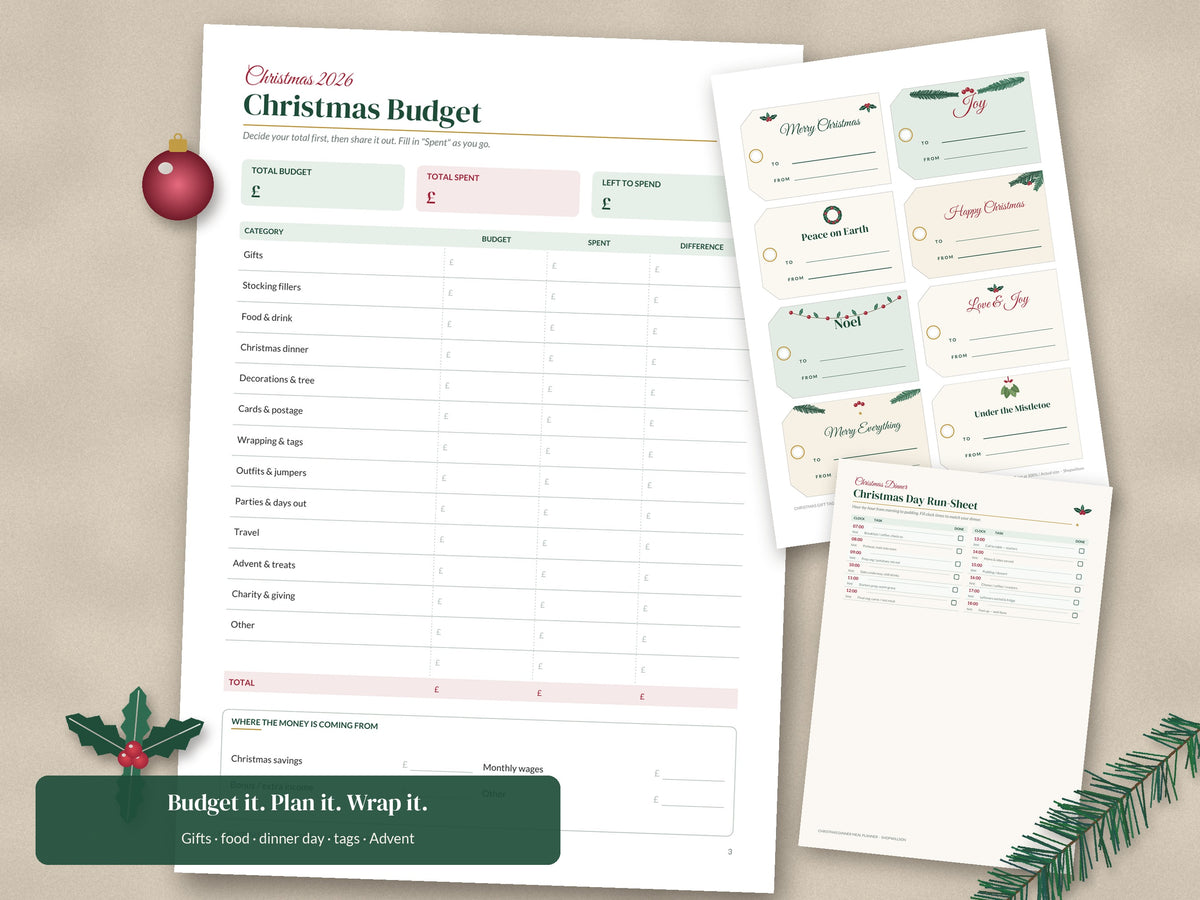 Printable Christmas Planning Bundle - Budget Planner, Gift Tags, Meal Planner & Advent Activities (37 Pages)