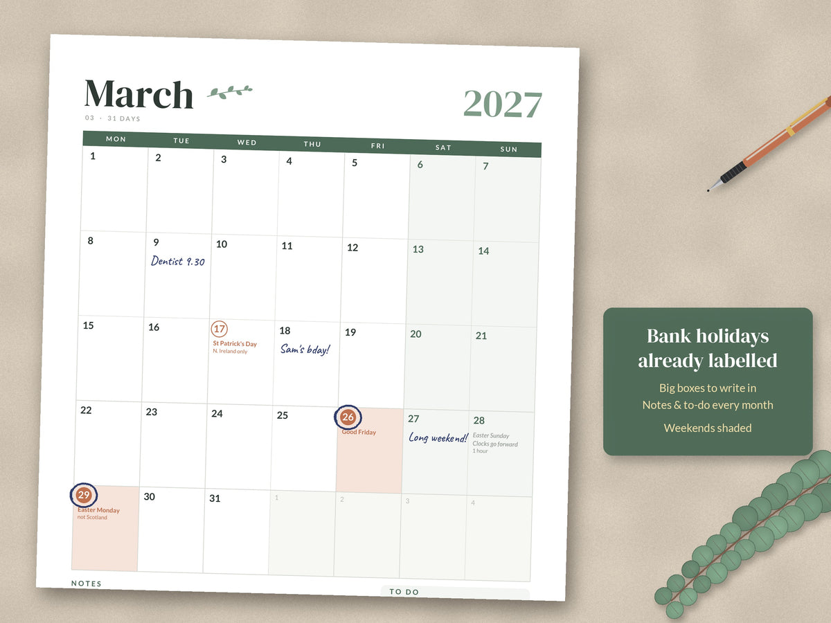 Printable 2027 Calendar UK - A4, Monday Start, UK Bank Holidays (17 Pages)