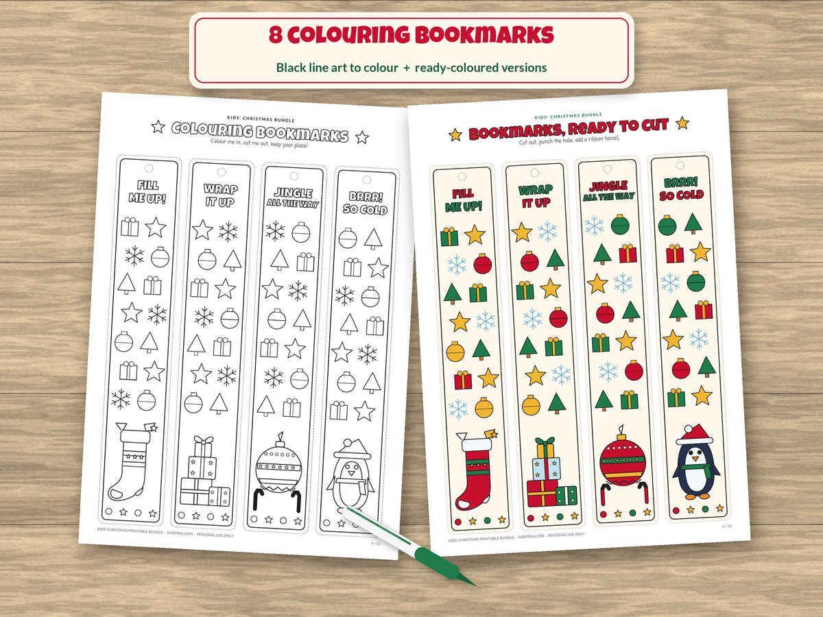 Kids Christmas Printable Bundle: Colouring Bookmarks, Advent Countdown Tags 1–24, Letter to Santa, Wish Lists & Nice List, A4 & US Letter