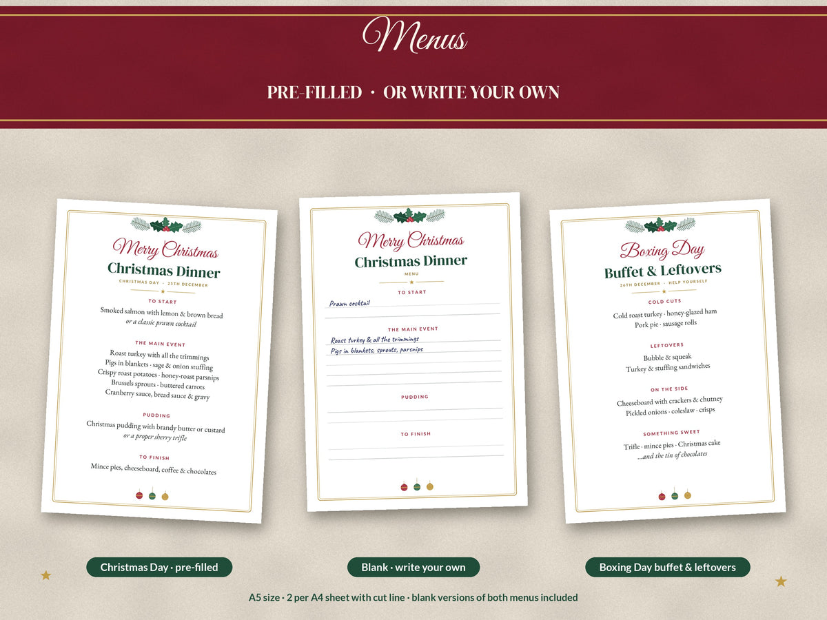 Christmas Table Set Printable: Menus, Place Cards, Table Numbers, Food Labels & Napkin Bands, A4 & US Letter