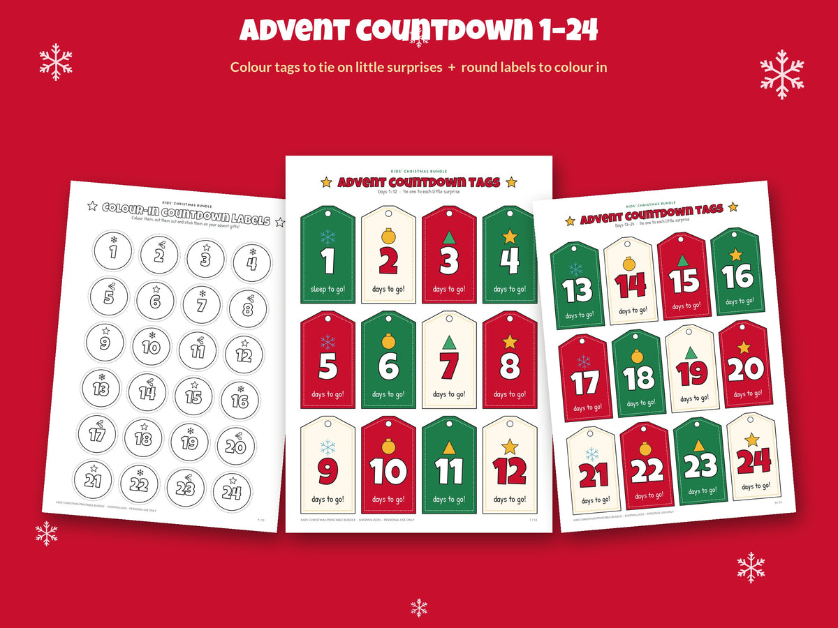 Kids Christmas Printable Bundle: Colouring Bookmarks, Advent Countdown Tags 1–24, Letter to Santa, Wish Lists & Nice List, A4 & US Letter
