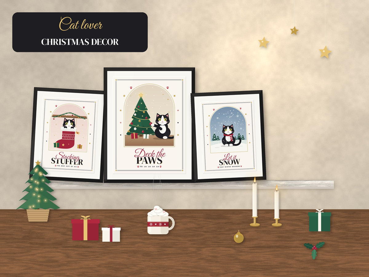 Tuxedo Cat Christmas Wall Art Set of 5: Meowy Christmas Printable Cat Prints, Black and White Cat Decor, Digital Download