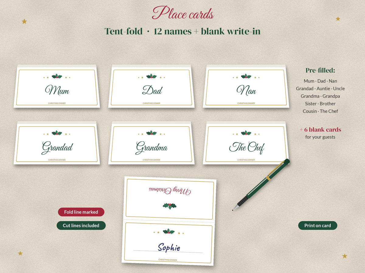 Christmas Table Set Printable: Menus, Place Cards, Table Numbers, Food Labels & Napkin Bands, A4 & US Letter