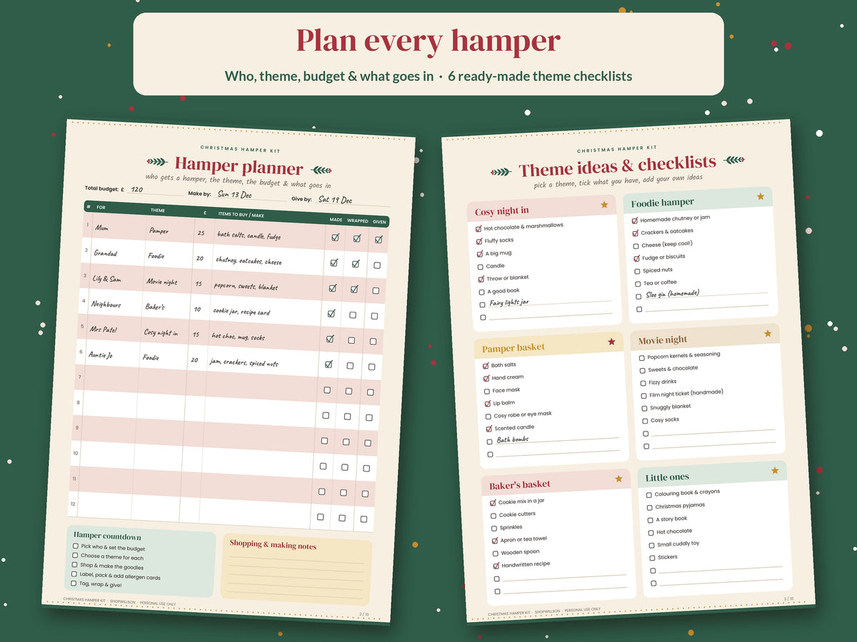 Christmas hamper planner and theme checklists