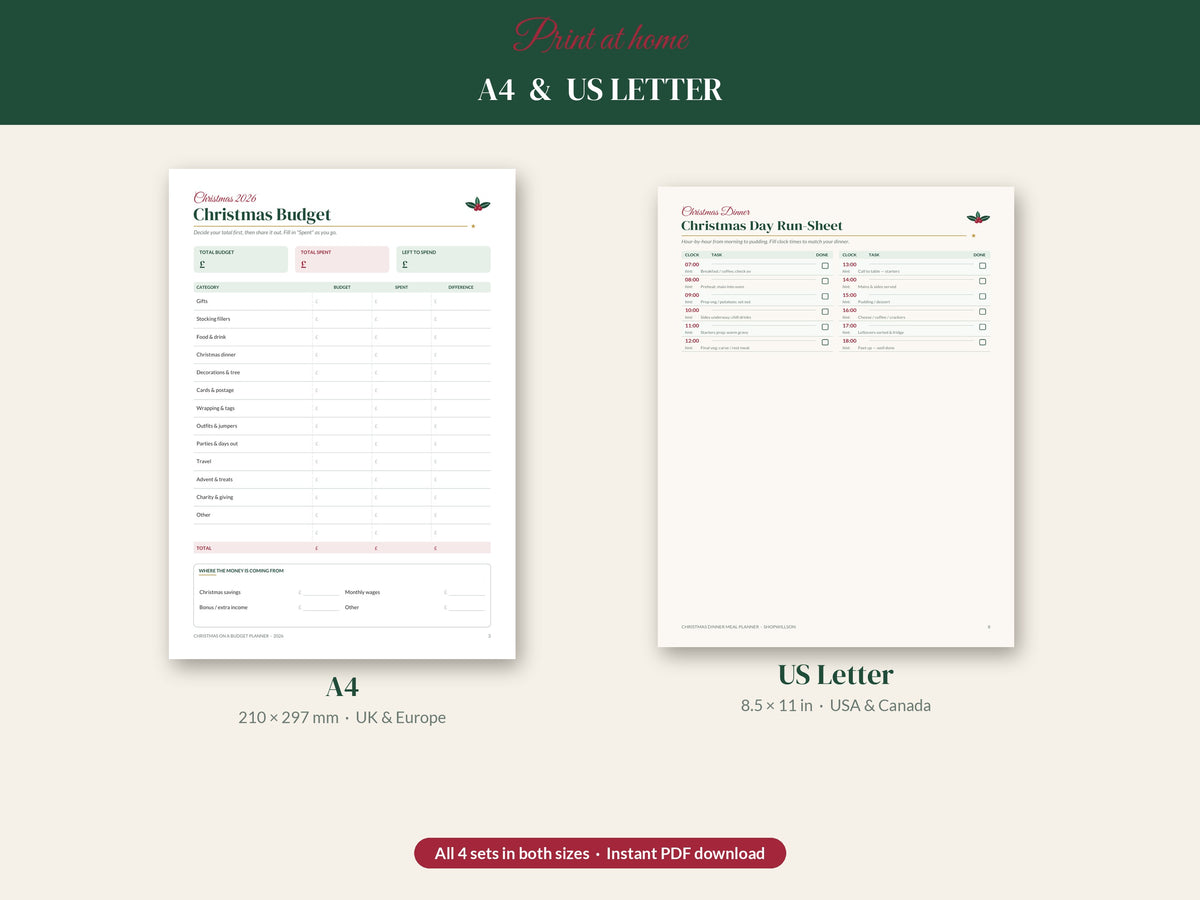 Printable Christmas Planning Bundle - Budget Planner, Gift Tags, Meal Planner & Advent Activities (37 Pages)