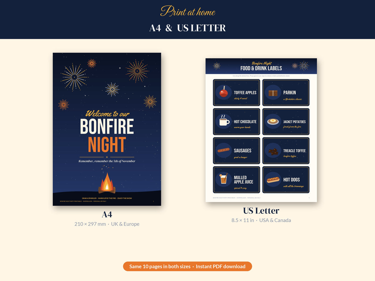 Bonfire Night party printable bundle - size guide