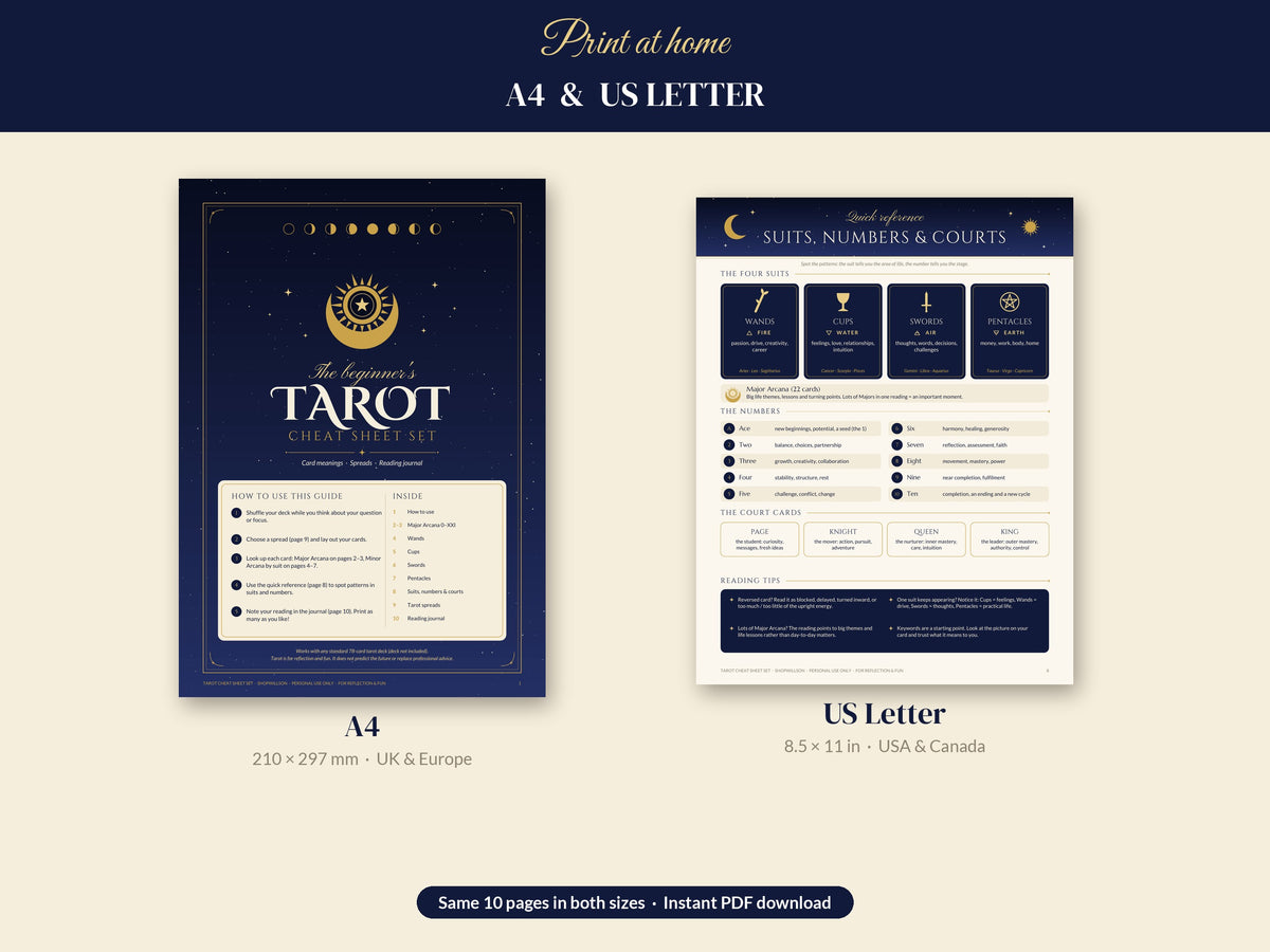 Printable Tarot Cheat Sheet Set – 78 Card Meanings, 4 Spreads & Journal Page