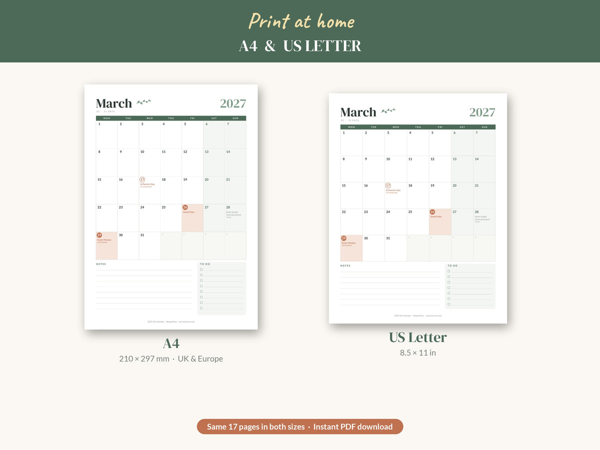 Printable 2027 Calendar UK - A4, Monday Start, UK Bank Holidays (17 Pages)