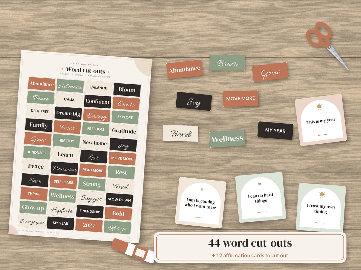 Word cut-outs and affirmation cards