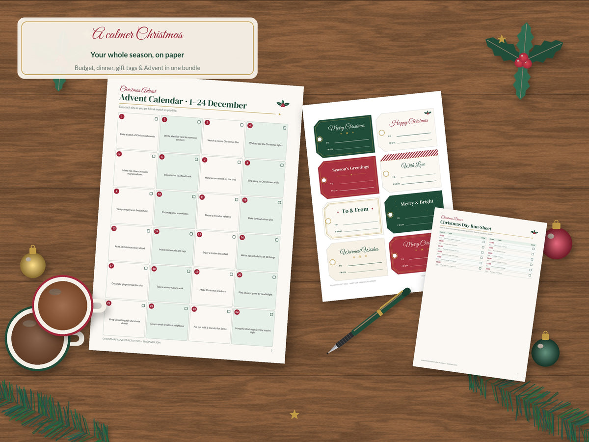 Printable Christmas Planning Bundle - Budget Planner, Gift Tags, Meal Planner & Advent Activities (37 Pages)
