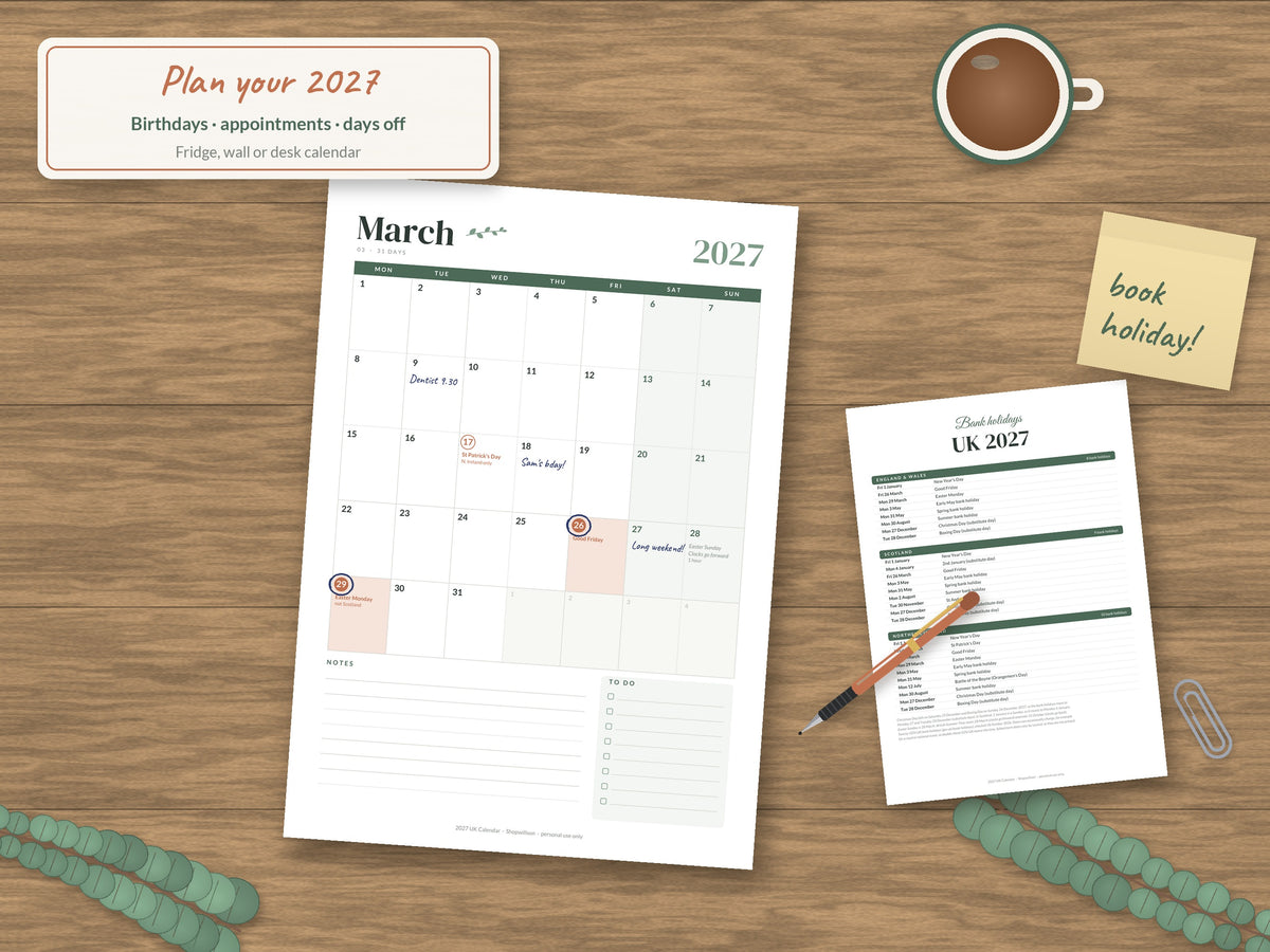 Printable 2027 Calendar UK - A4, Monday Start, UK Bank Holidays (17 Pages)