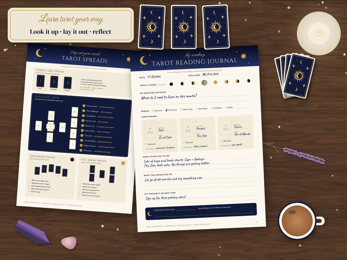 Printable Tarot Cheat Sheet Set – 78 Card Meanings, 4 Spreads & Journal Page