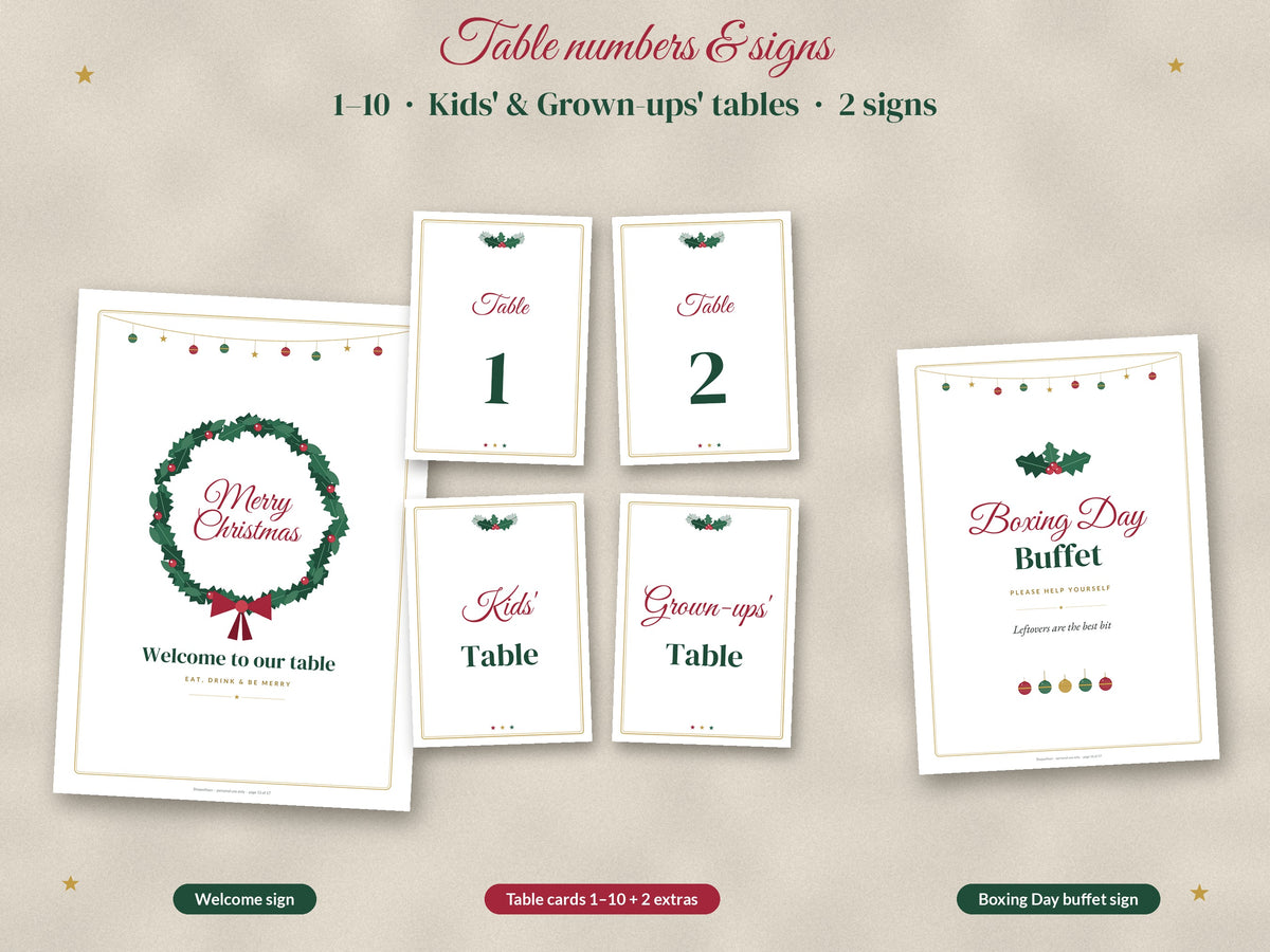 Christmas Table Set Printable: Menus, Place Cards, Table Numbers, Food Labels & Napkin Bands, A4 & US Letter
