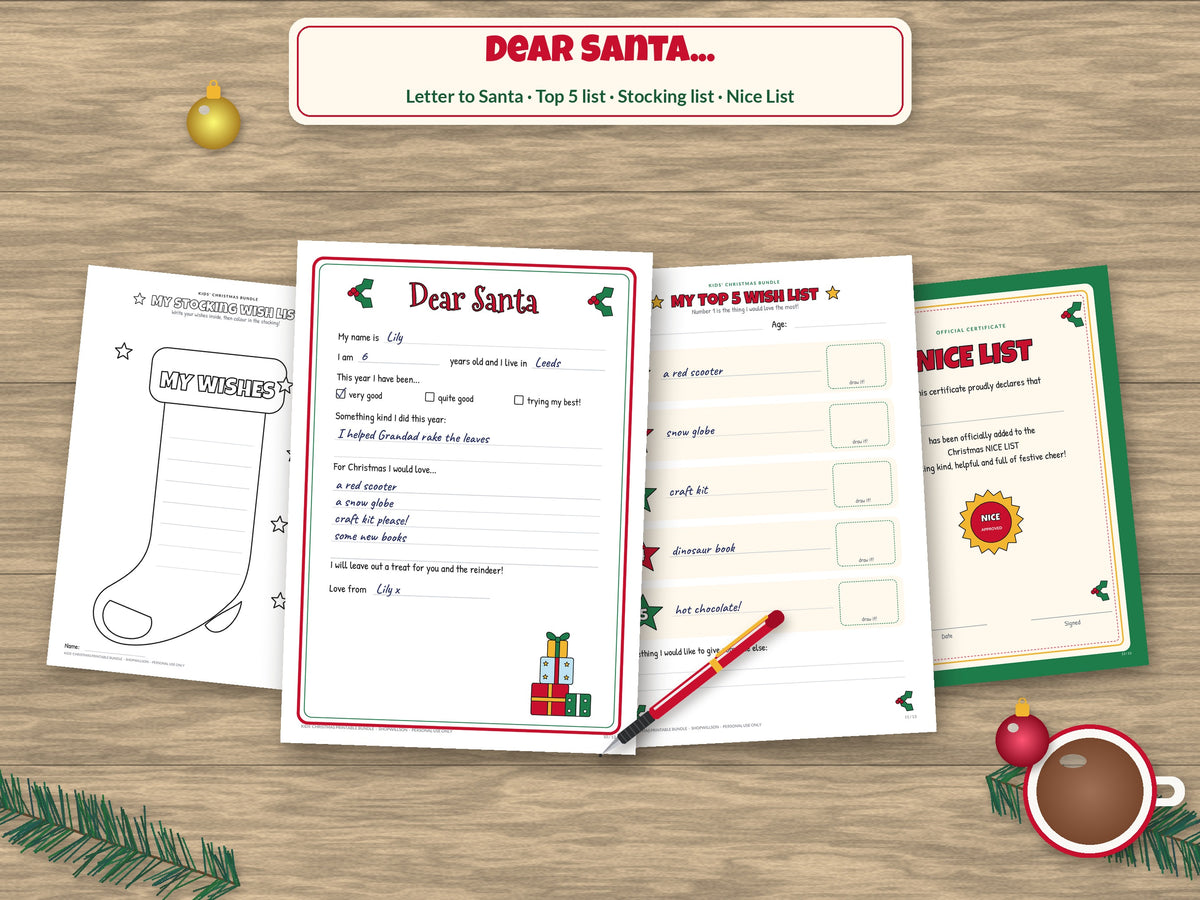 Kids Christmas Printable Bundle: Colouring Bookmarks, Advent Countdown Tags 1–24, Letter to Santa, Wish Lists & Nice List, A4 & US Letter