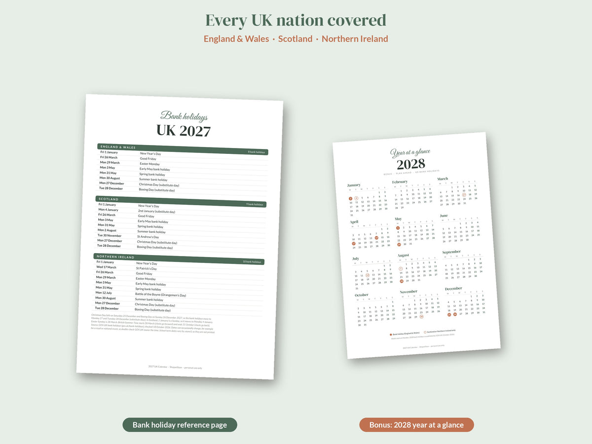 Printable 2027 Calendar UK - A4, Monday Start, UK Bank Holidays (17 Pages)
