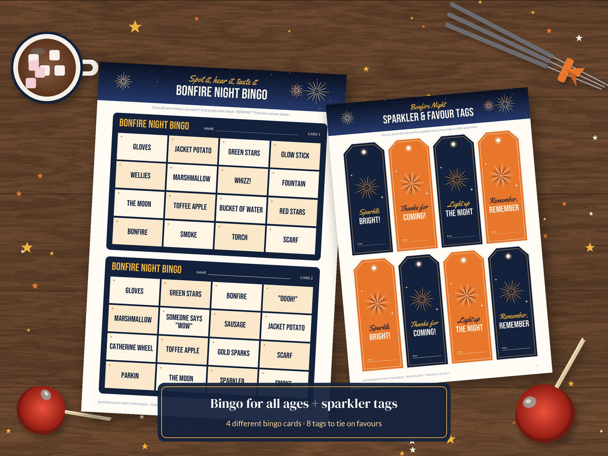 Bonfire Night party printable bundle - bingo and tags