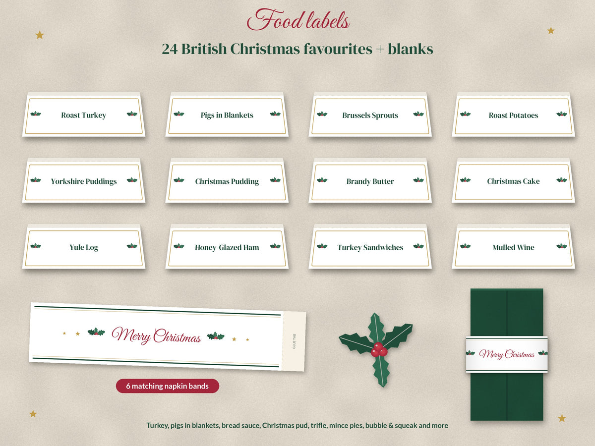 Christmas Table Set Printable: Menus, Place Cards, Table Numbers, Food Labels & Napkin Bands, A4 & US Letter
