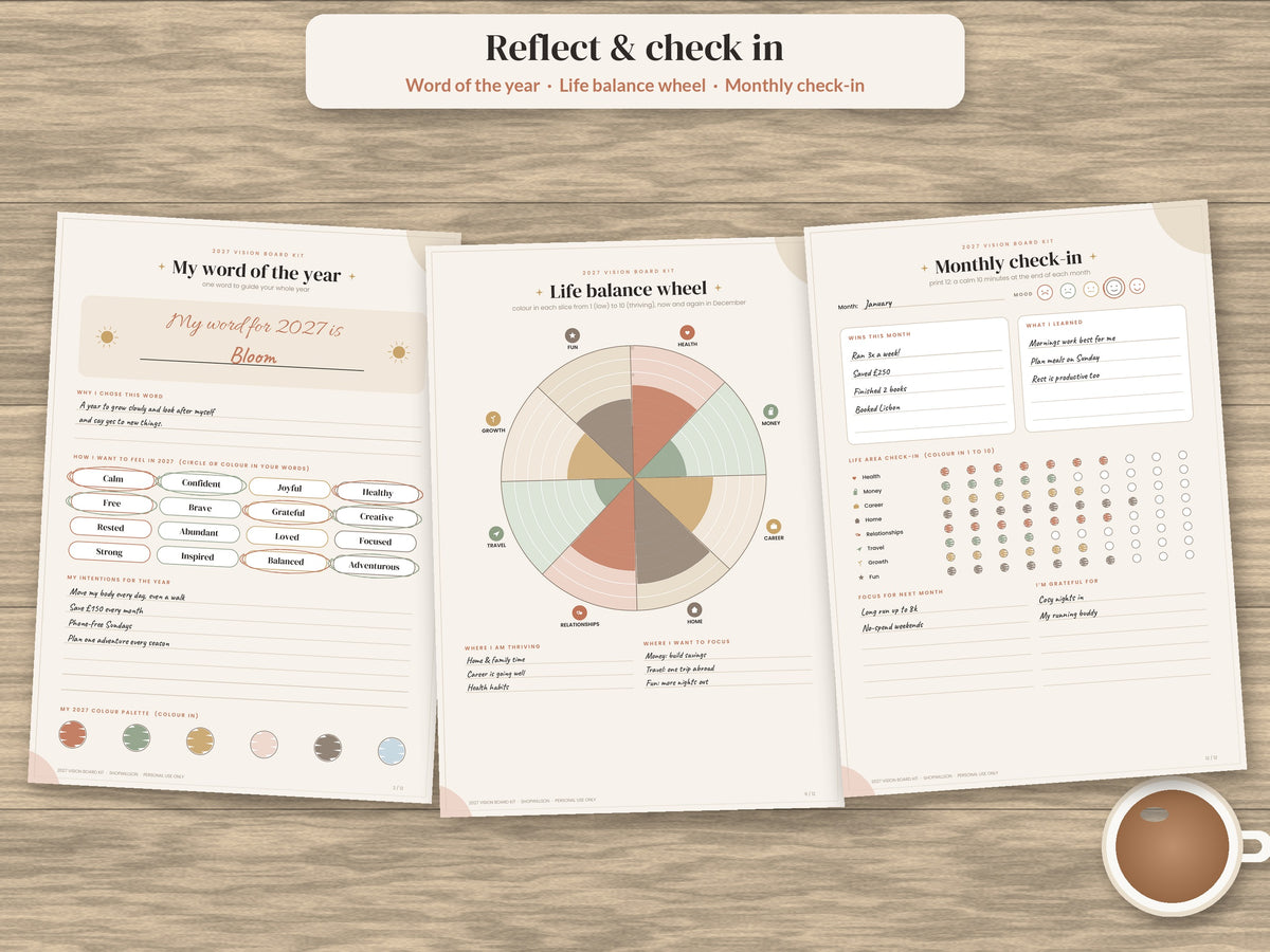 Life wheel and monthly check-in pages