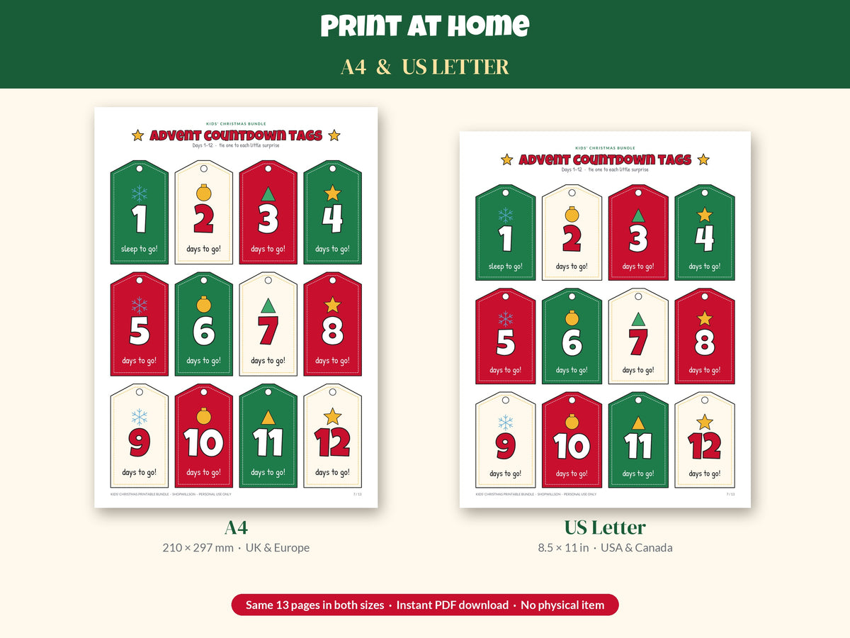 Kids Christmas Printable Bundle: Colouring Bookmarks, Advent Countdown Tags 1–24, Letter to Santa, Wish Lists & Nice List, A4 & US Letter