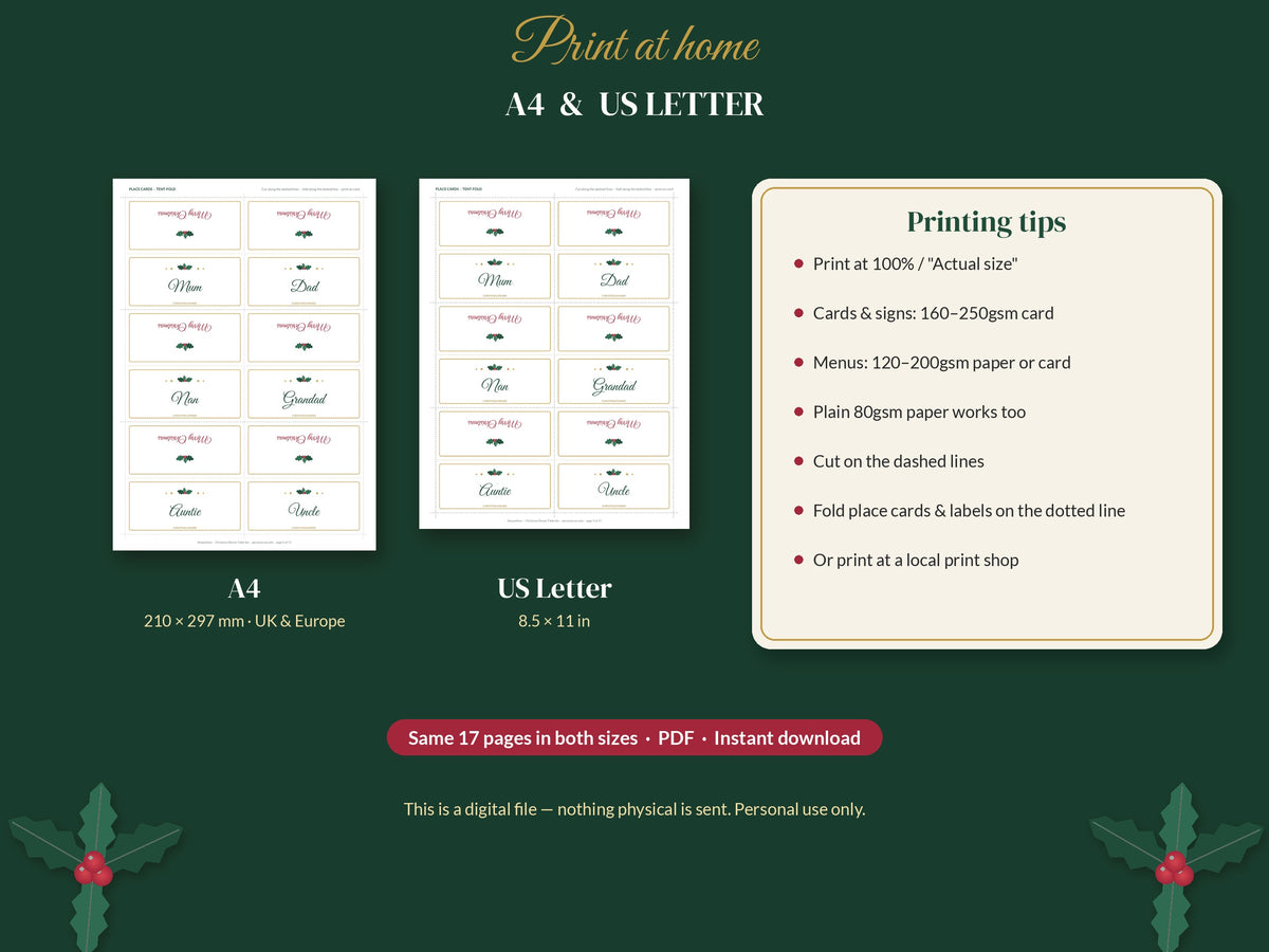 Christmas Table Set Printable: Menus, Place Cards, Table Numbers, Food Labels & Napkin Bands, A4 & US Letter
