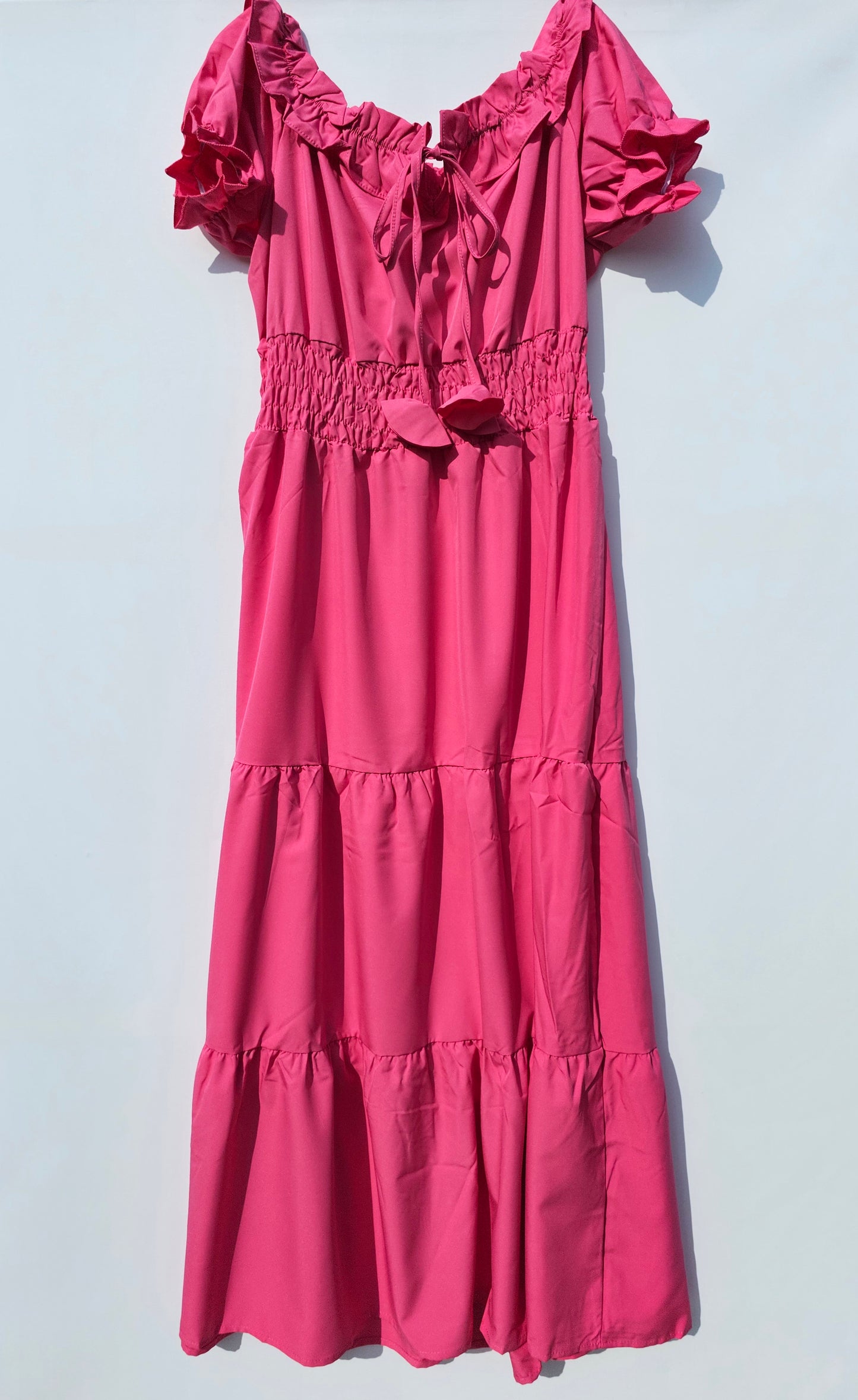 Fuchsia Puff-Sleeve Midi Dress – Feminine & Flowy Size Medium