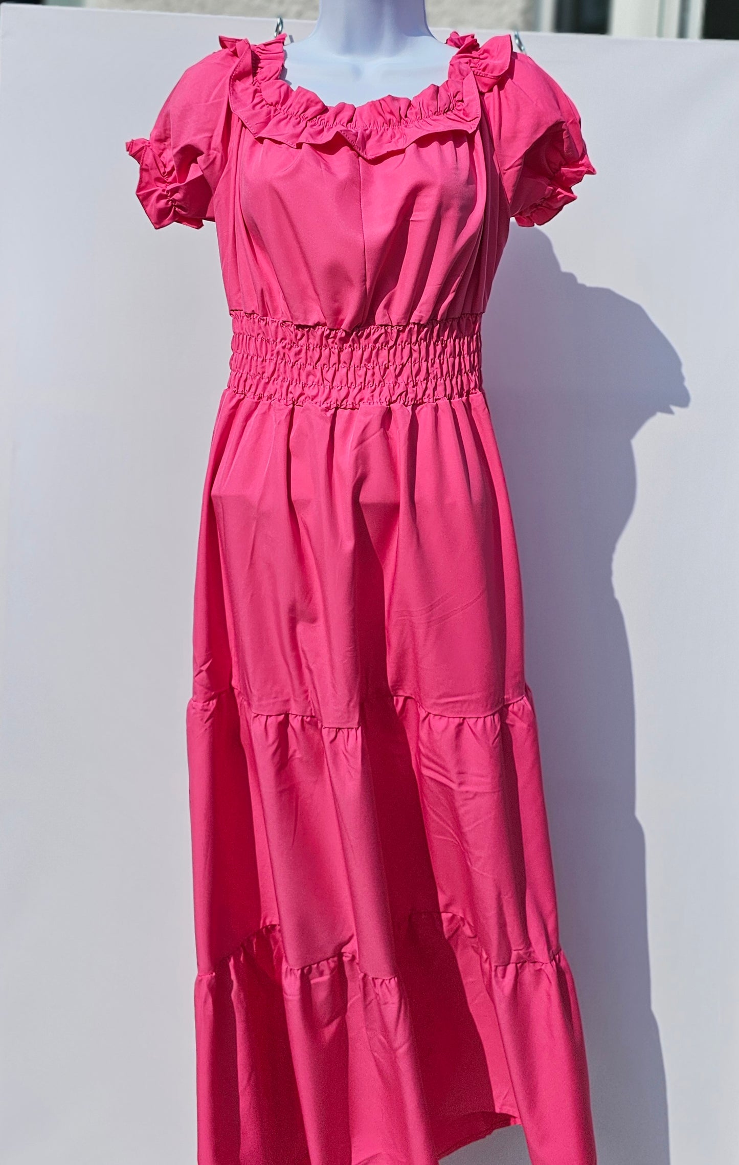 Fuchsia Puff-Sleeve Midi Dress – Feminine & Flowy Size Medium