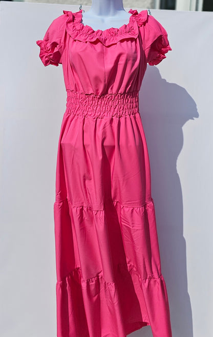 Fuchsia Puff-Sleeve Midi Dress – Feminine & Flowy Size Medium