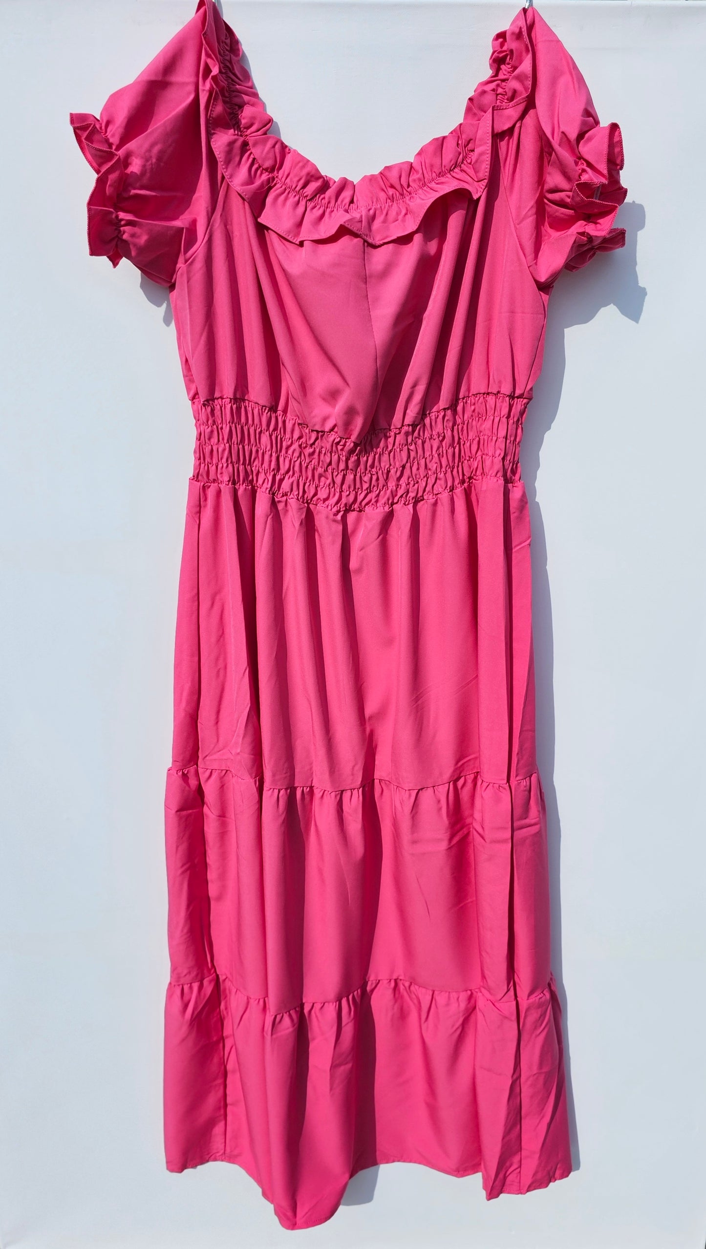 Fuchsia Puff-Sleeve Midi Dress – Feminine & Flowy Size Medium