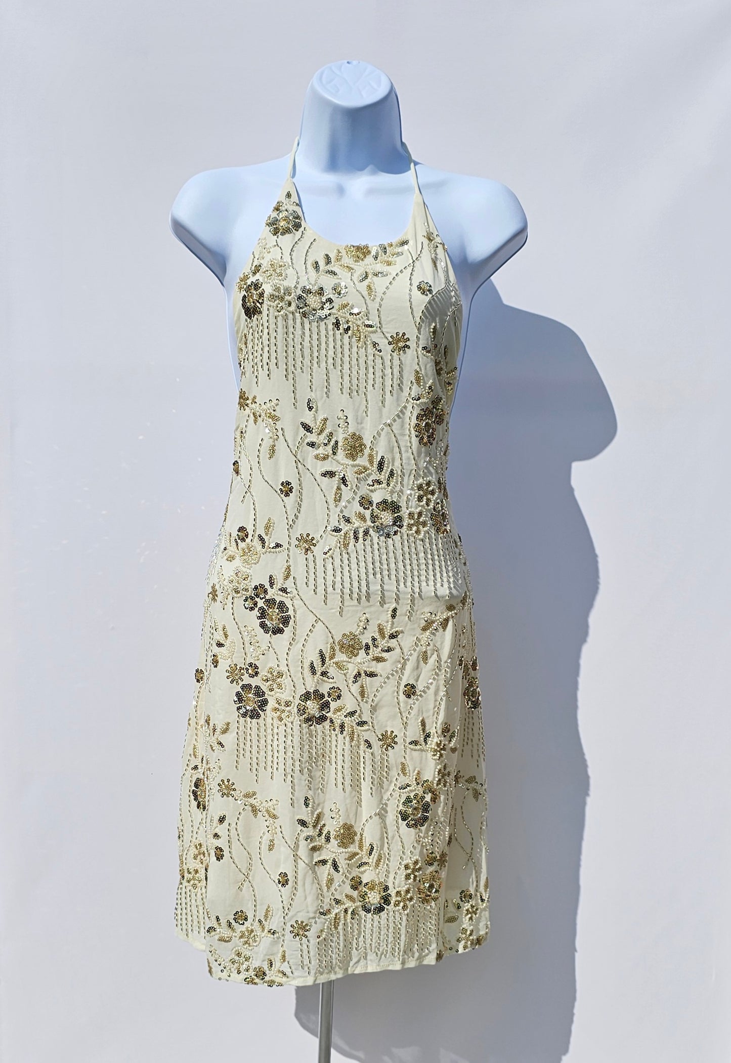 Golden Floral Embellished Backless Dress